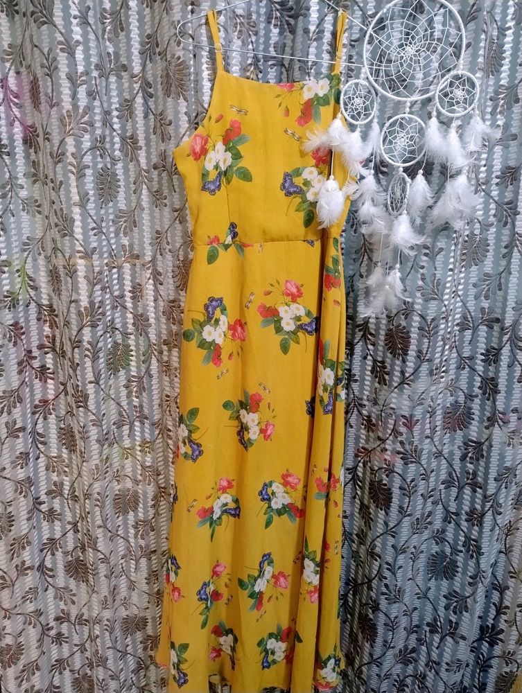 Women Mustard Yellow Floral Print Maxi Dress