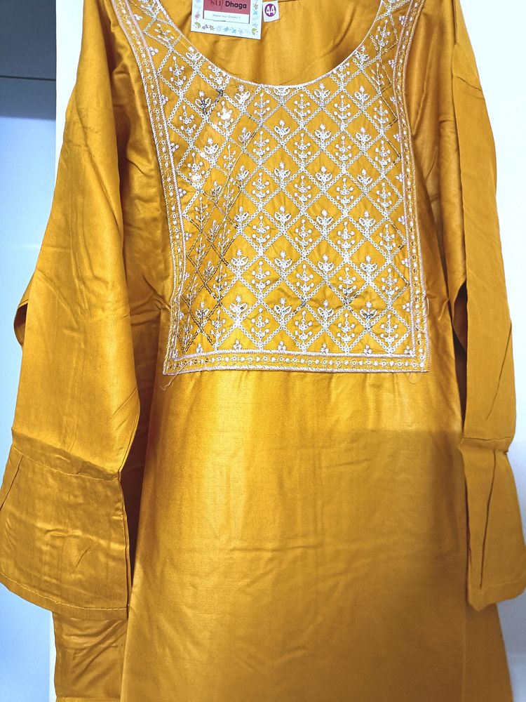 Sequence Neck Work Stitched Yellow Kurta