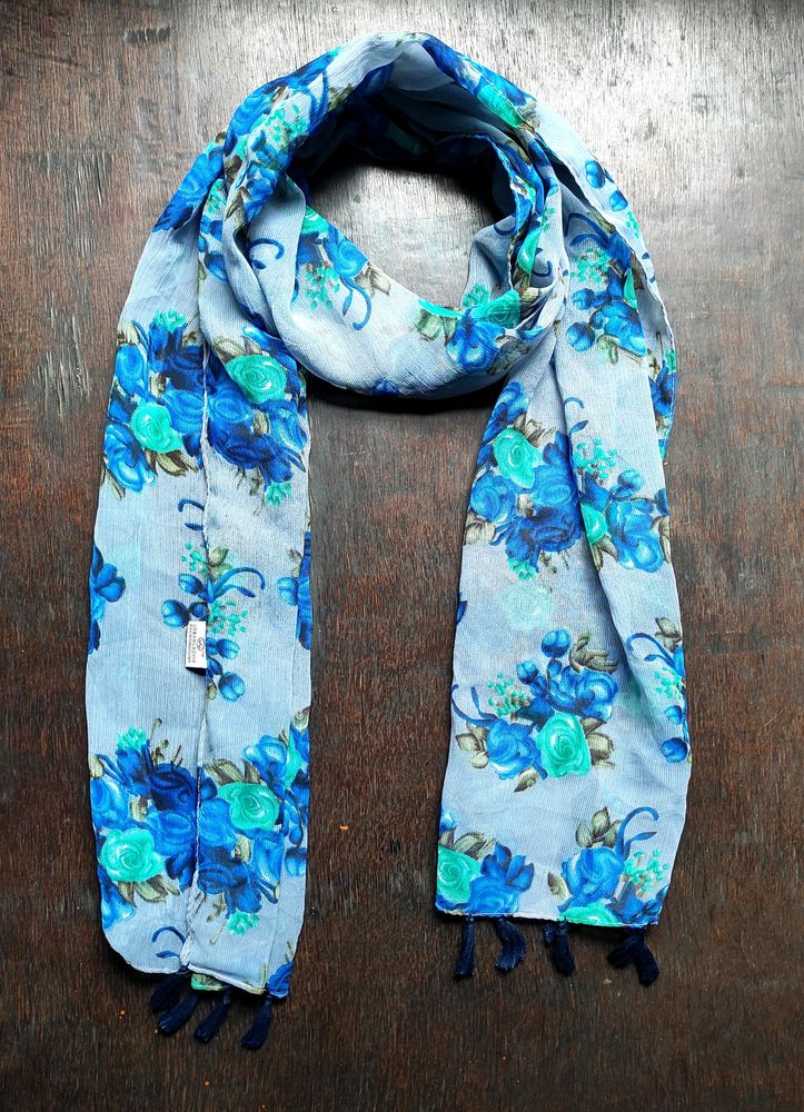 Blue Printed Chiffon Scarf With Tassels