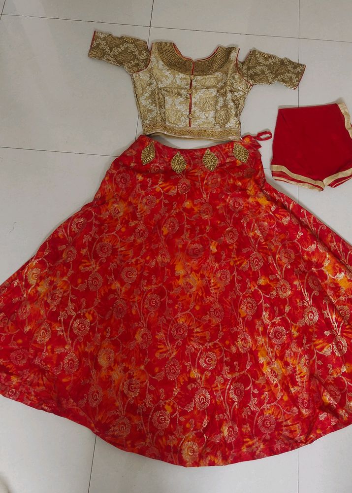 Golden Blouse With Red&Mixed Orange Printed Lehnga