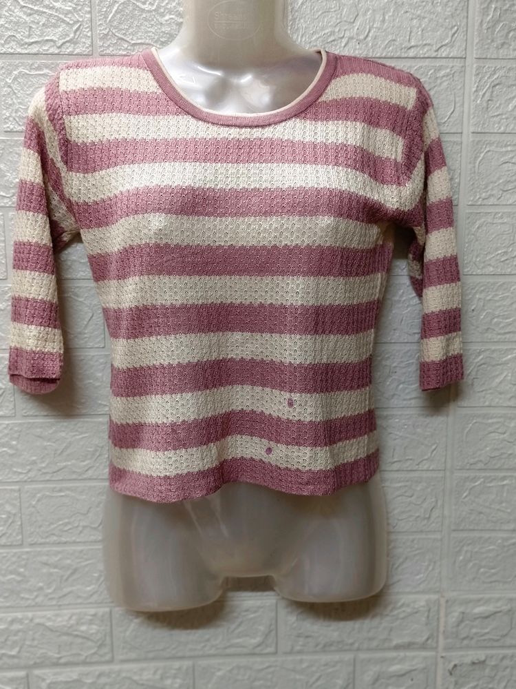 Pink And White Striped Woolen Top