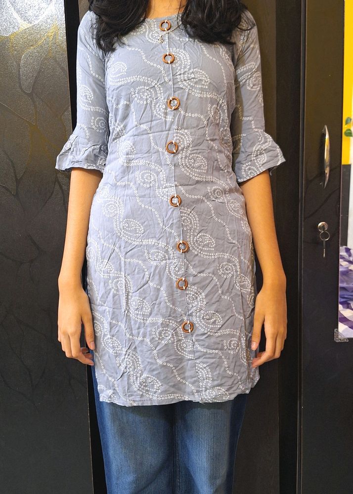 Grey Patterned Cotton Straight Kurta