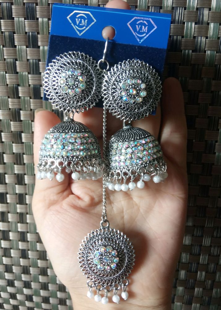 Silver Coloured Attractive Earrings with tika