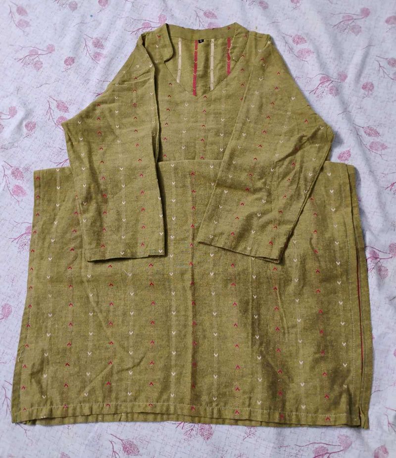 Long Olive Kurta With 3/4 Sleeves