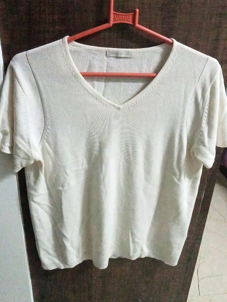 White Wool V neck Top