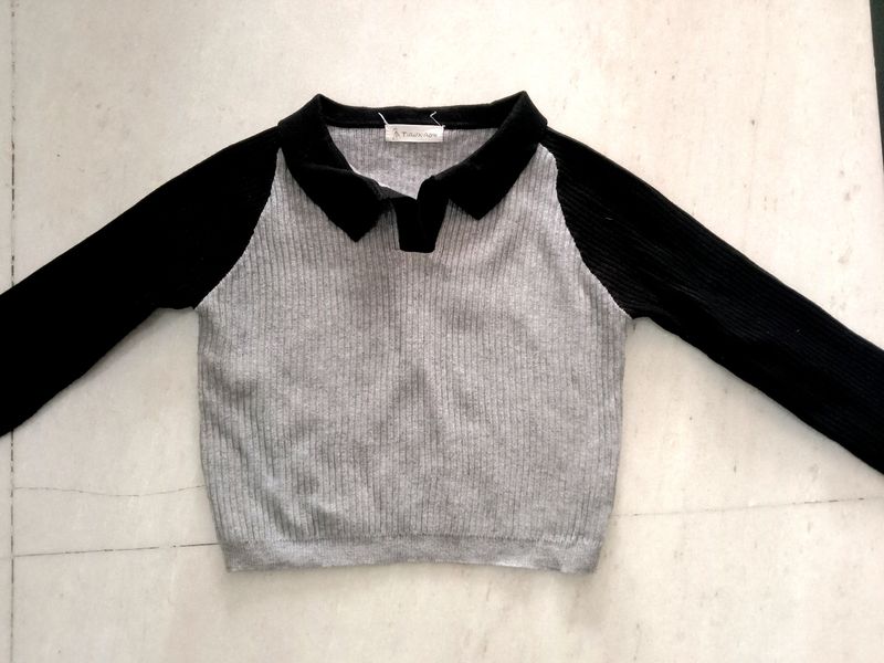 Black and grey contrasted full sleeves crop Top