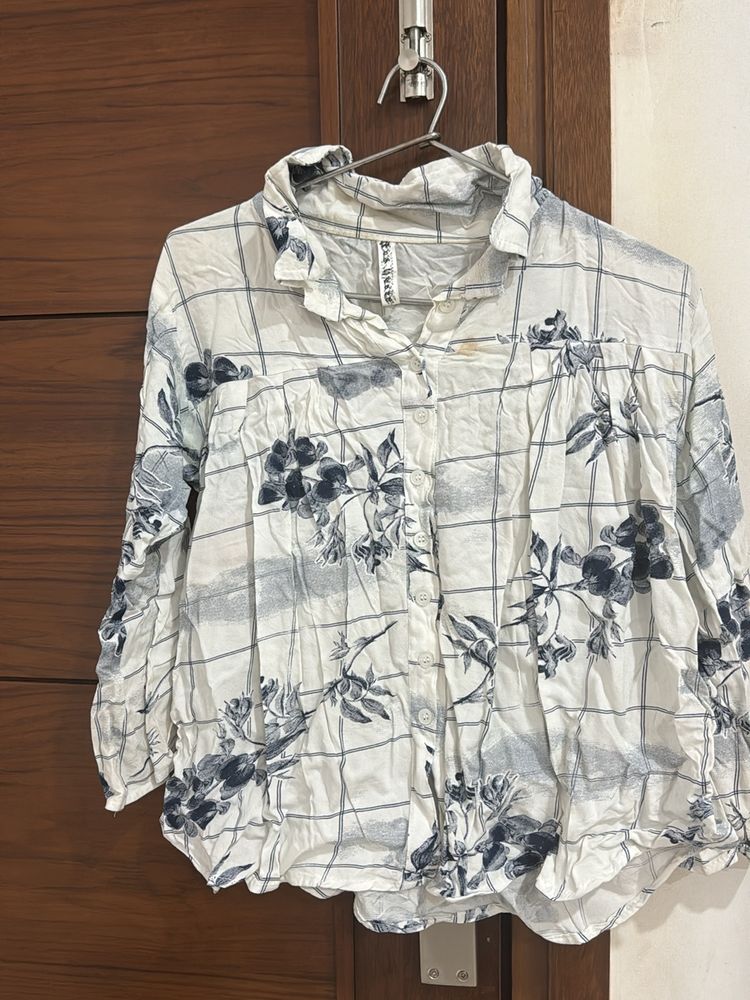 White Printed Shirt With blue flowers