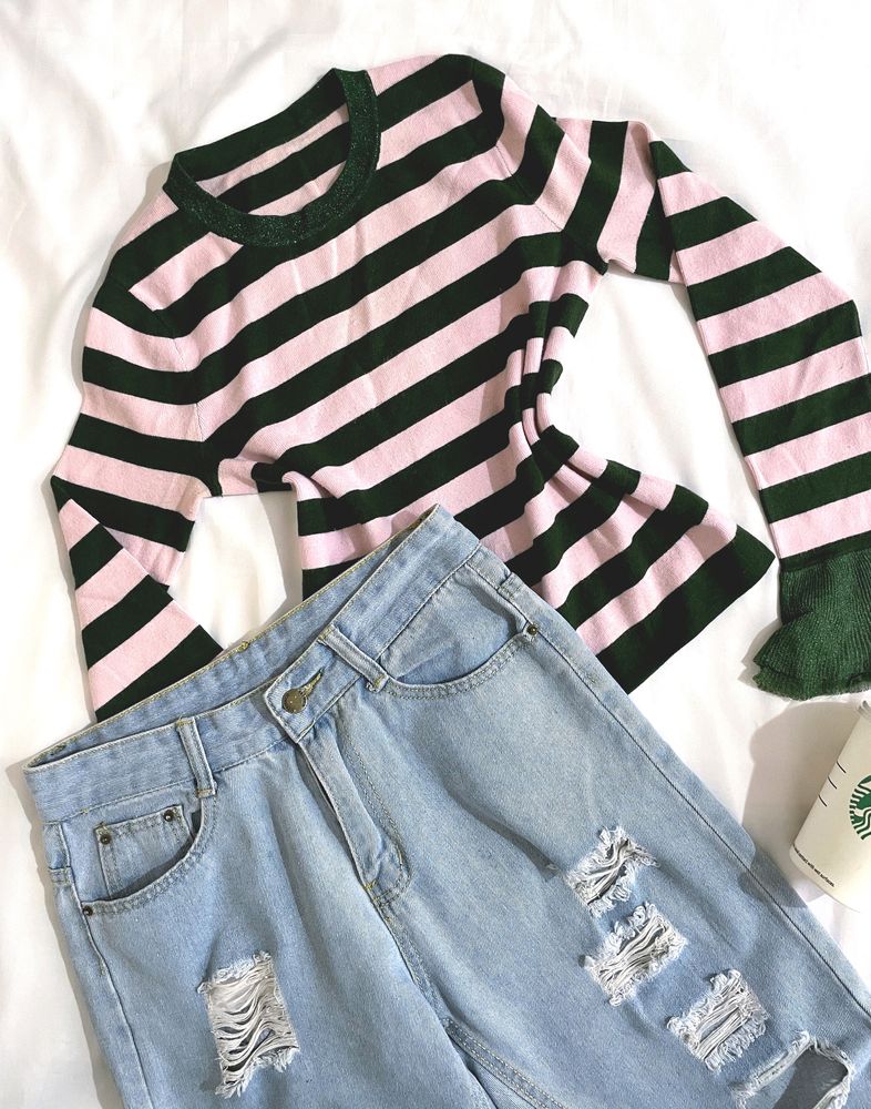 Pinterest Pink & Green Stripped Belly Sleeves Top