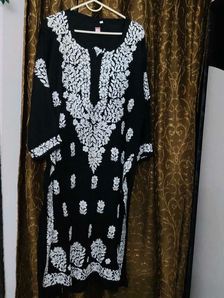 White N Black Modal Handwork Lucknowi Kurti