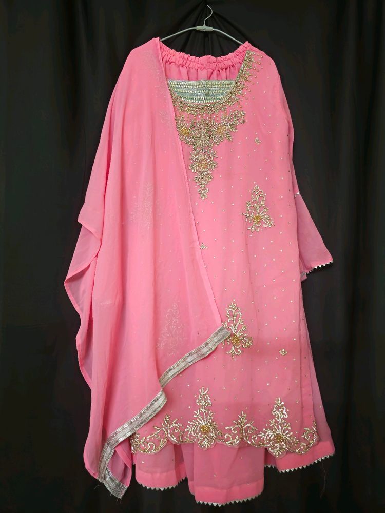 Embroidered Straight Pink Kurta Sharara