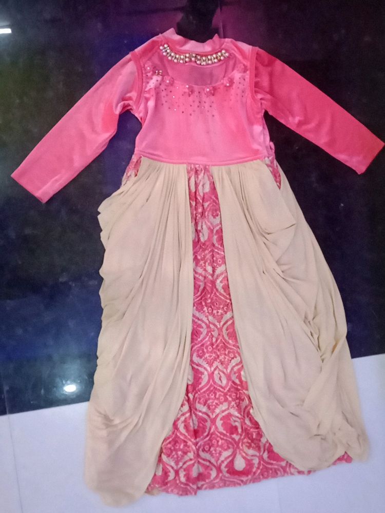 A Pink Ethnic Velvet Gown Medium Size For Girls