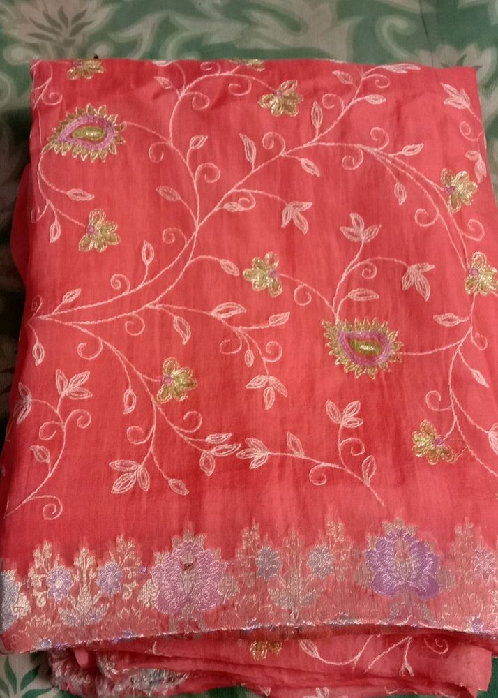 Coral thread Work Saree