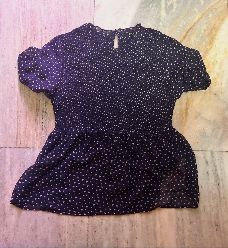 Navy Blue Ribbed Top With Cute Little Hearts