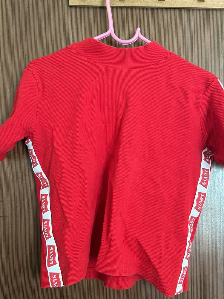 Red Top With Levis Strip At The Sides Turtle Neck