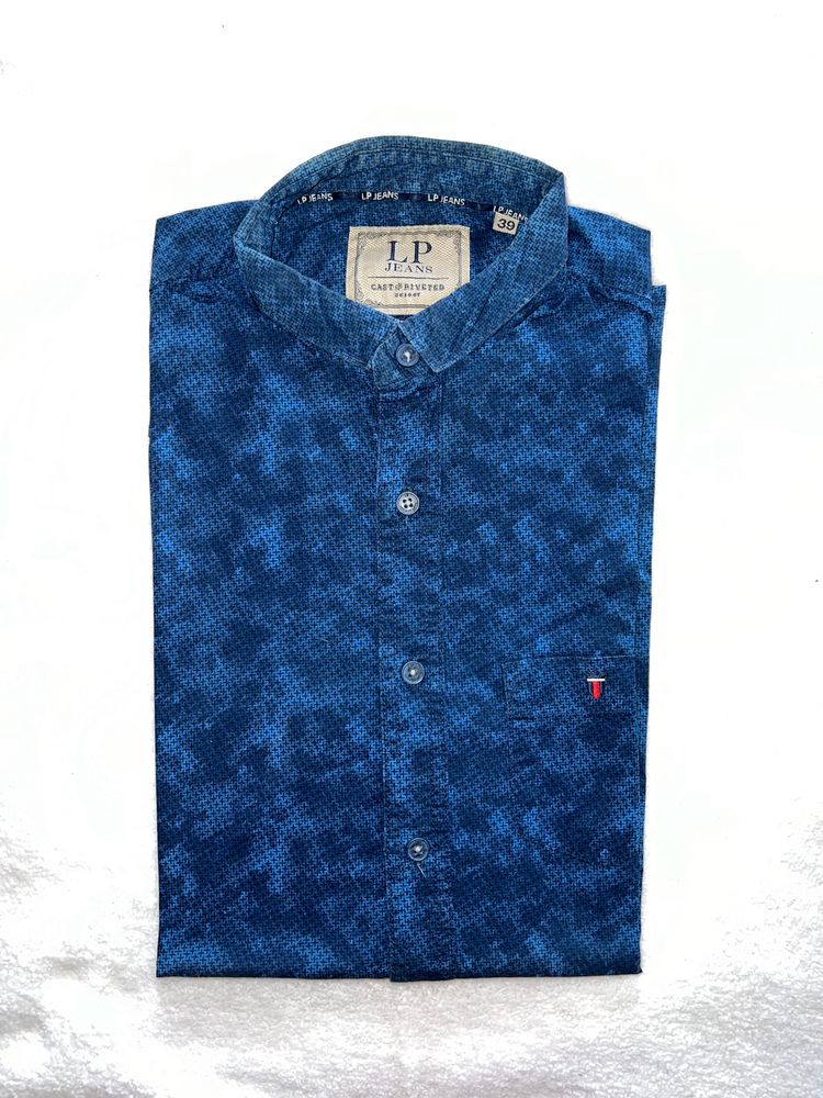 Louis Philippe Blue Chinese Collar LP Shirt