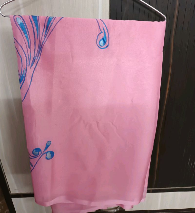 Pink With Blue Fabric Work Synthetic Saree