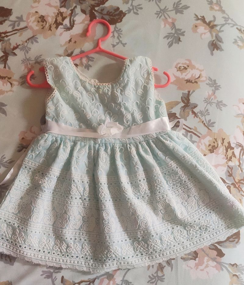 Powder Blue Embroidered Frock For Baby