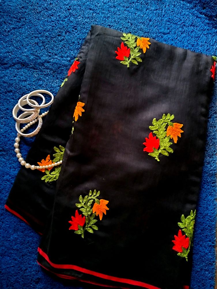 Floral Embroidery Black Cotton Saree