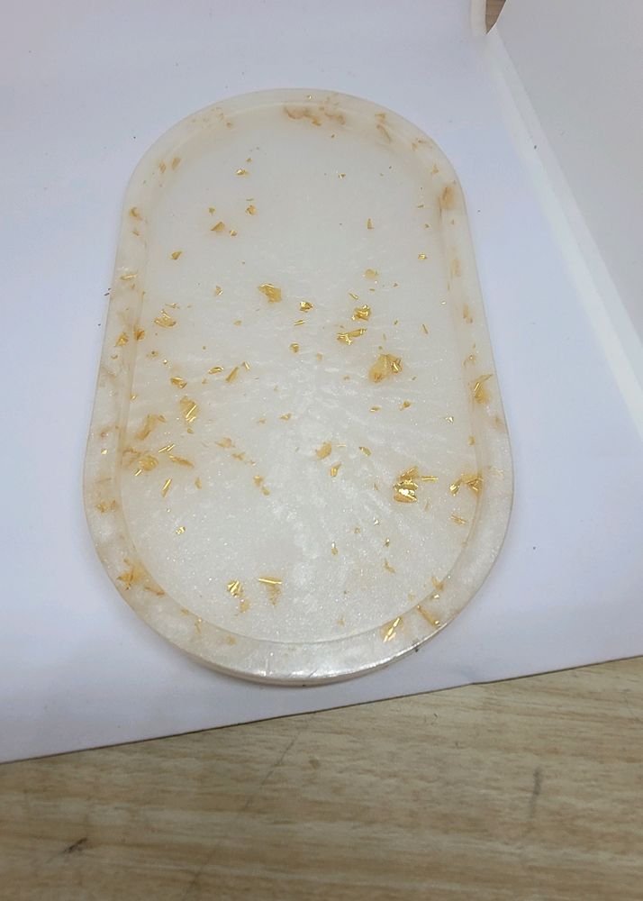 Resin Tea Tray, White With Golden Flakes