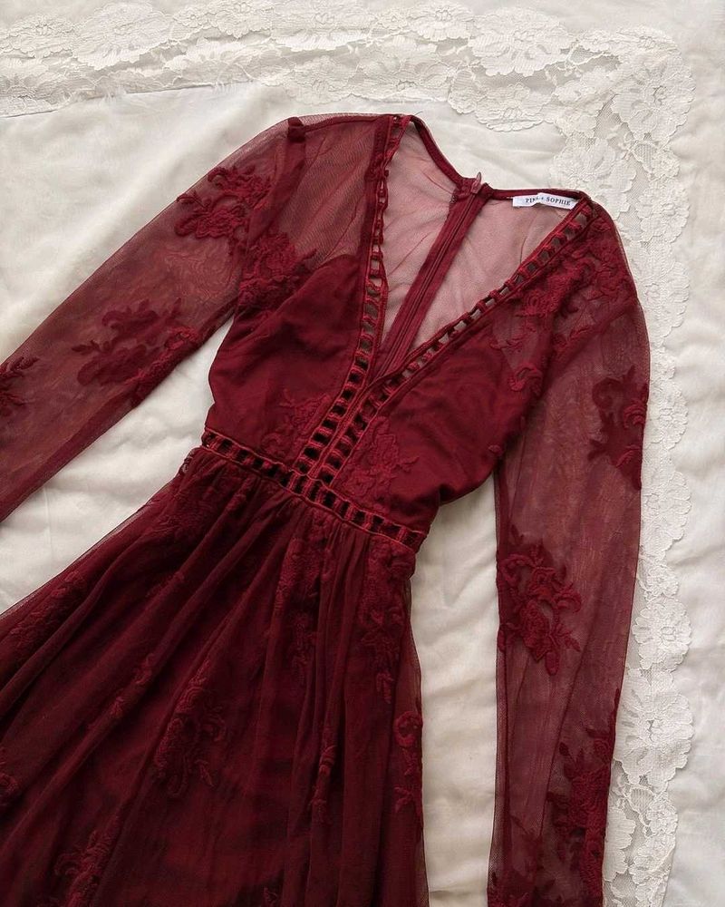 Brownish Maroon Embroidery v Neck Gown