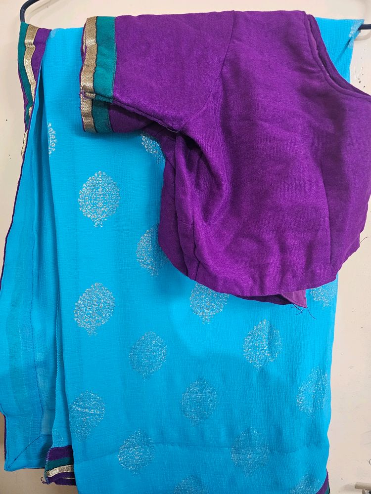 Printed BLUE Saree With Stitched Blouse