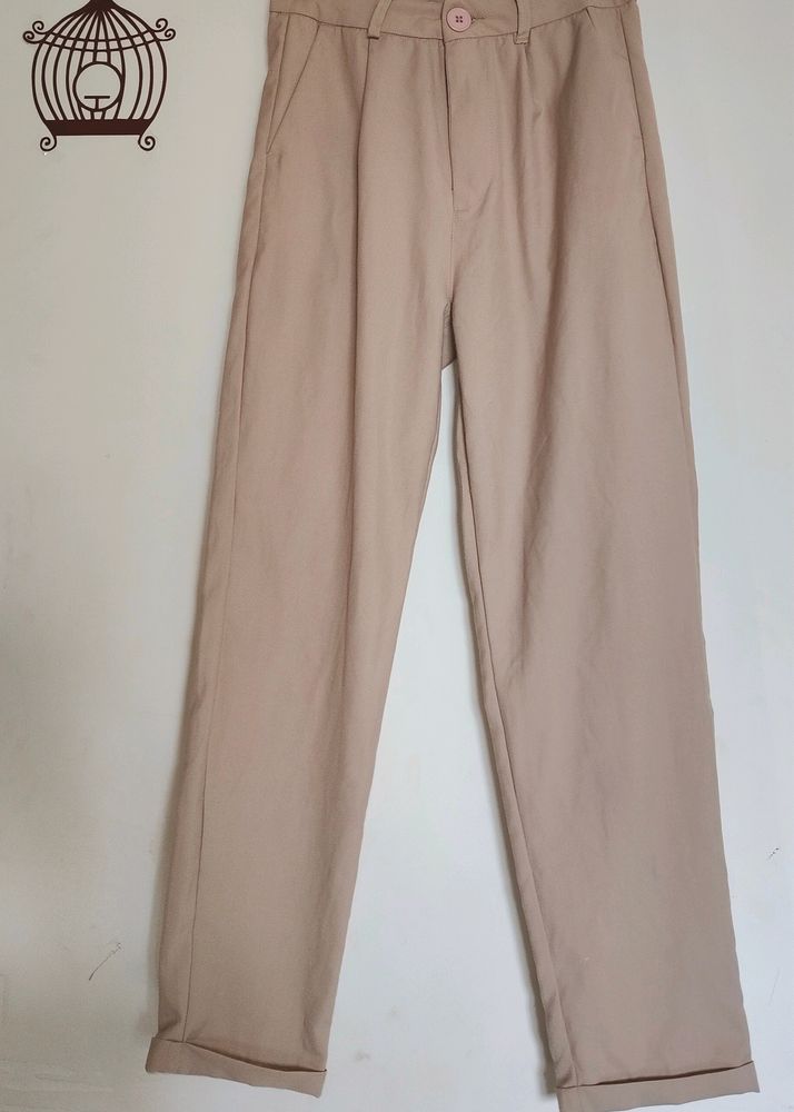 Women Beige High-rise Pleated Formal Trouser