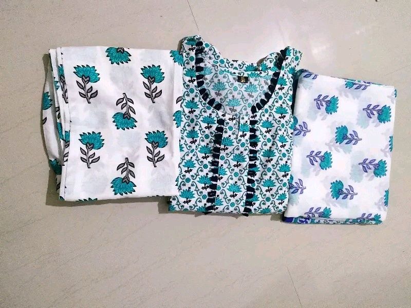 🛍️Printed Cotton Pant Kurta Dupatta Set🛍️🛒