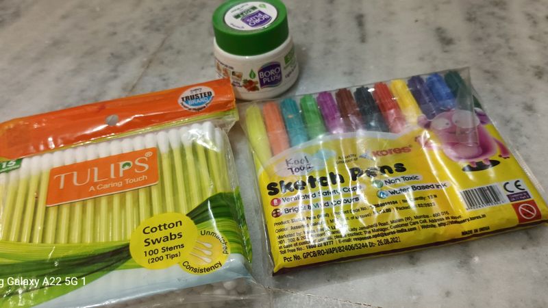 1cotton Swabs, 1 Sketch Pen Set,1Boroplus Cream