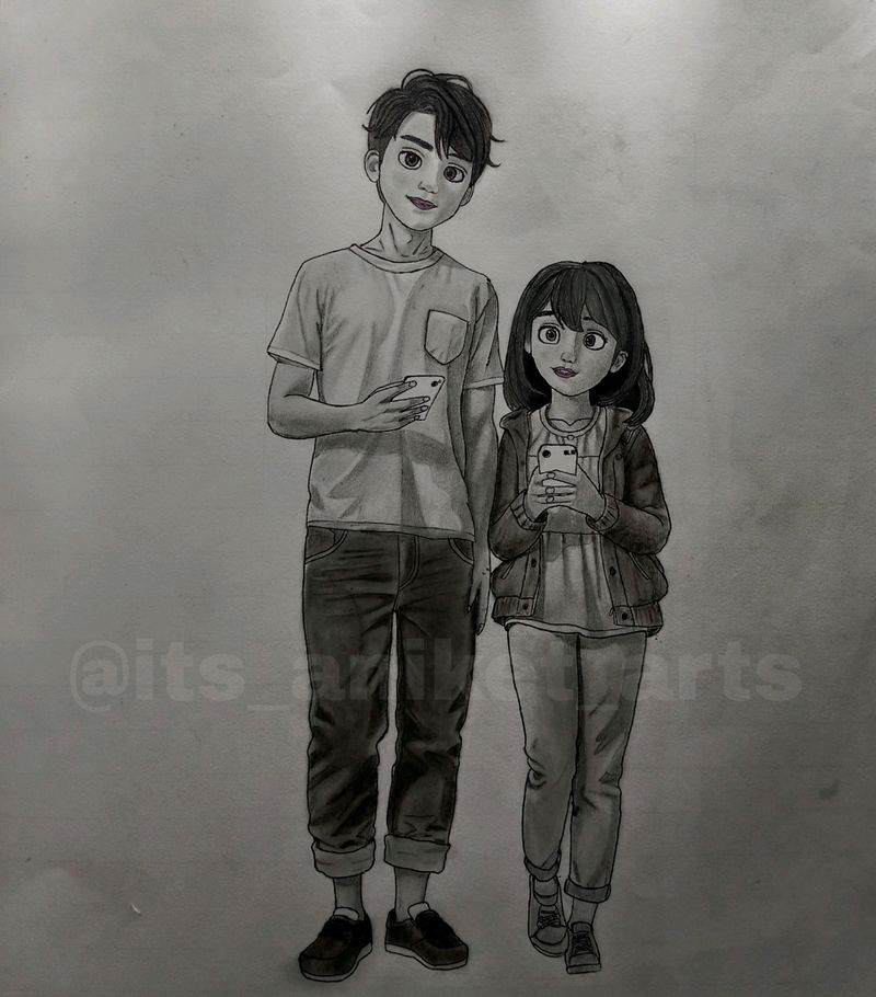 Cute Animated Couple Sketch A4 Size