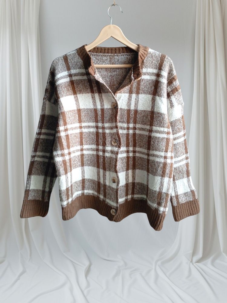 Brown Plaid Button Cardi