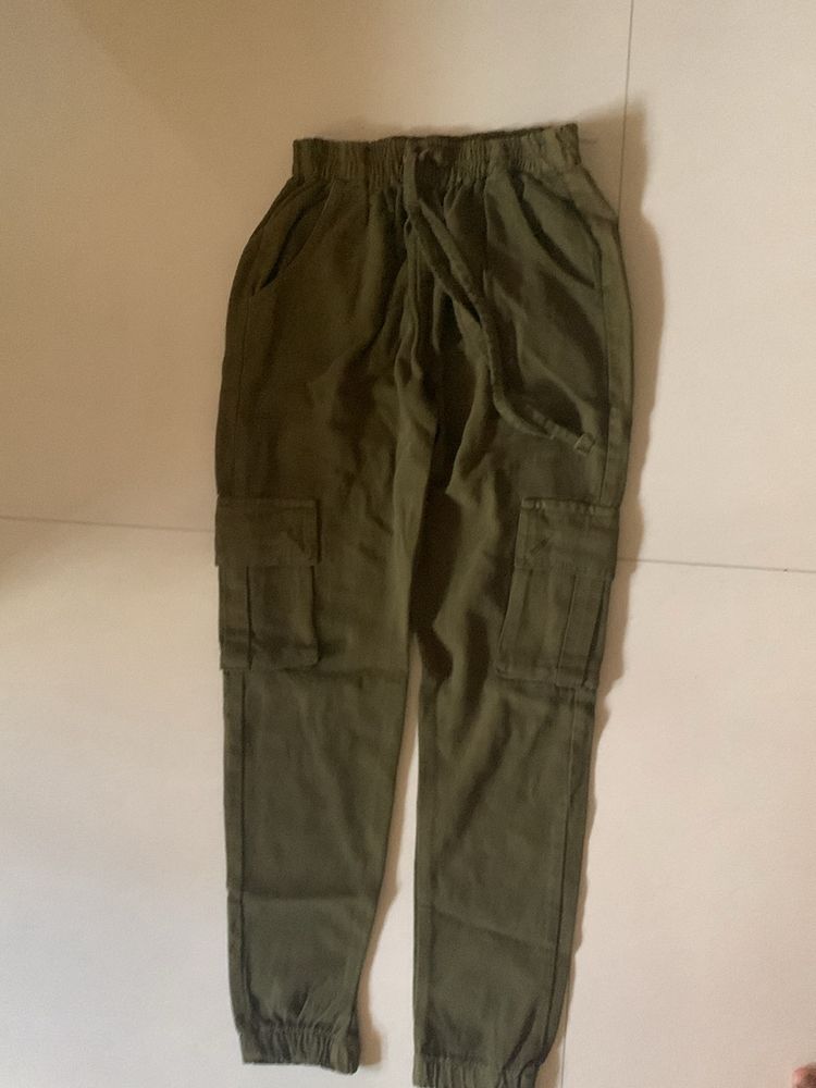 Olive Green High Rise Cargo Jeans