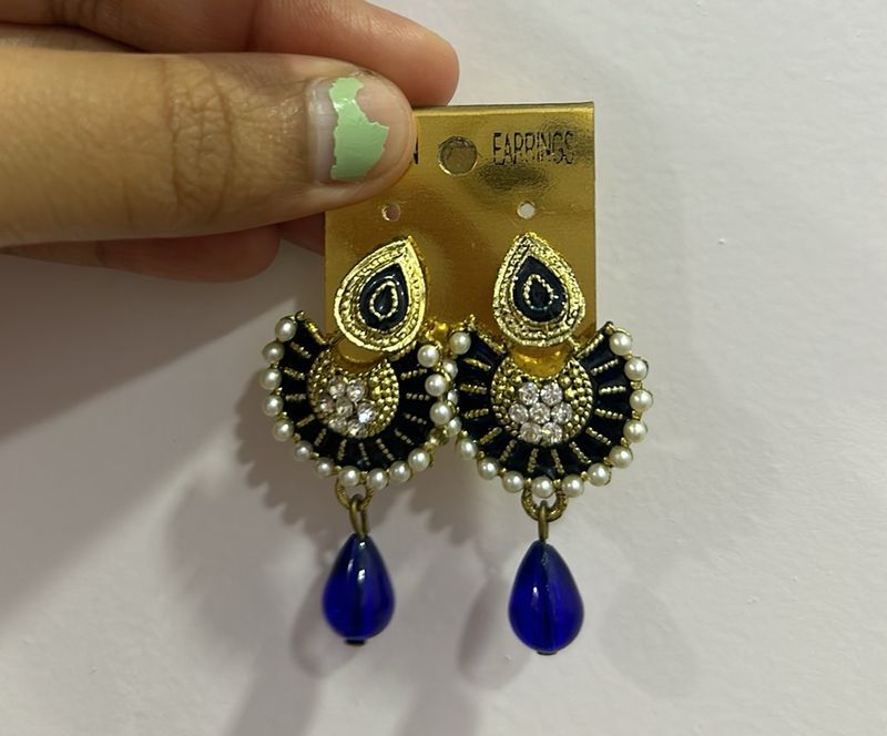 Navy Blue Jhumkas with Pearl Border- Festive Wear