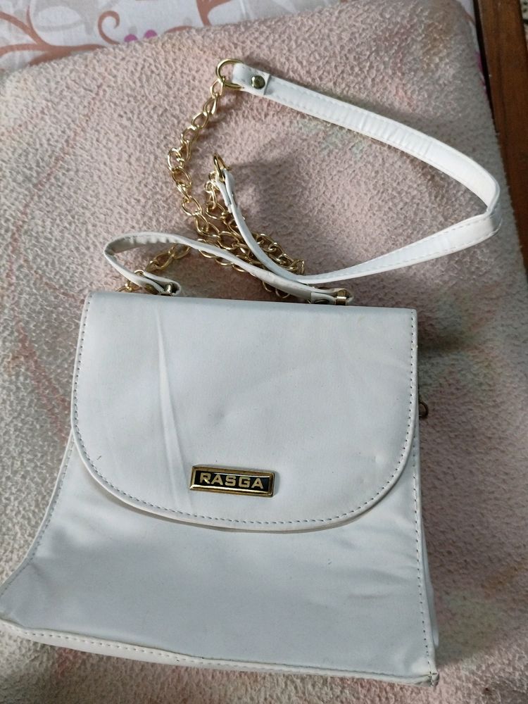 White Never Used Sling Bag With Golden Chain