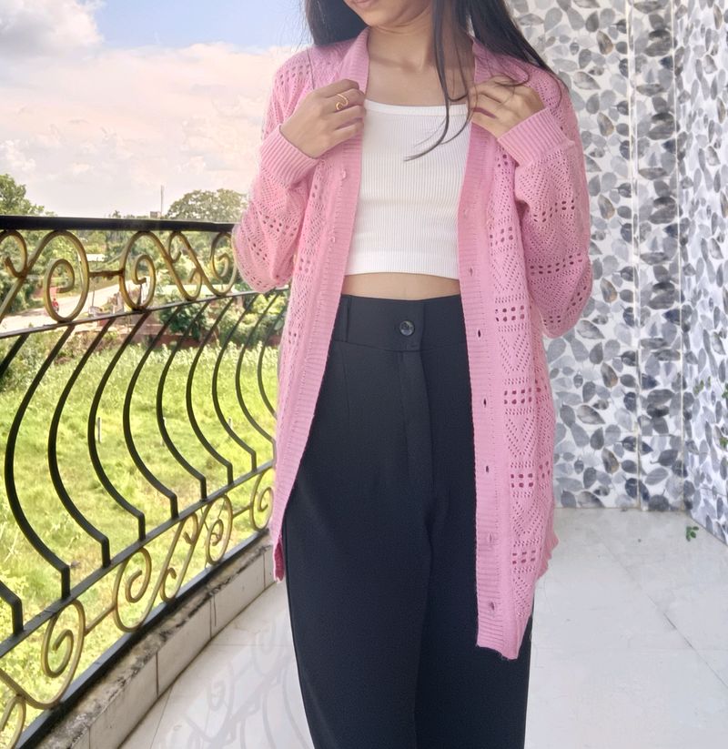 Pink Cardigan With White Crop Top