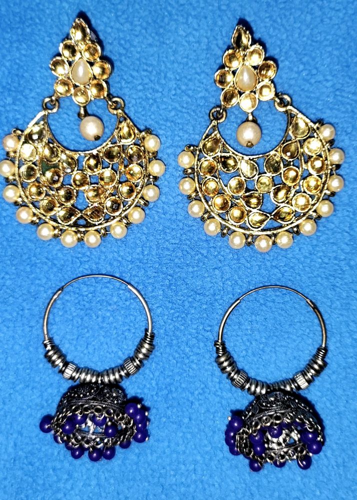 Oxidised Silver Blue And Golden Pearl Earrings