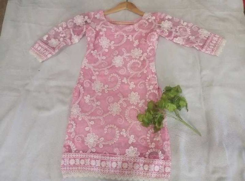 Pink Chickenkari Kurta For Women