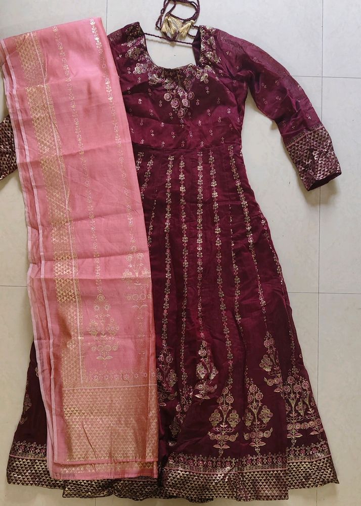 Ethnic Motif Maroon Anarkali With Dupatta