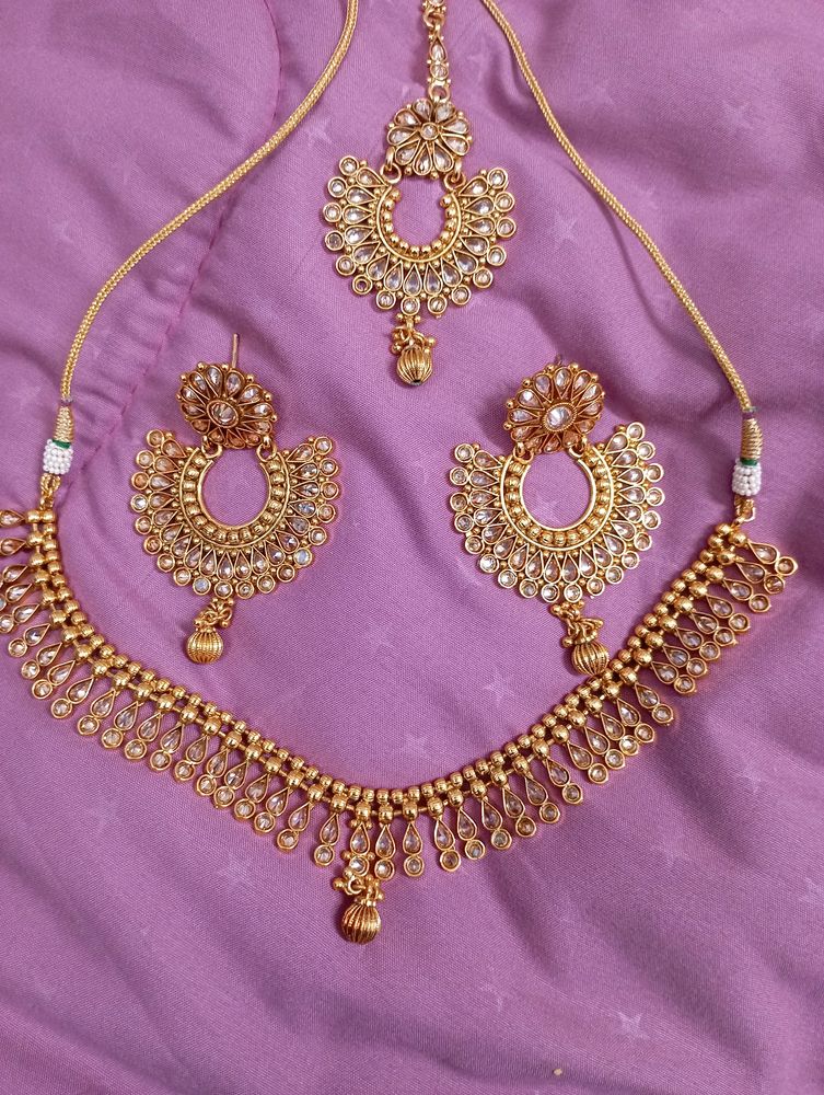 Necklace, Jhumka And Maangtika Set