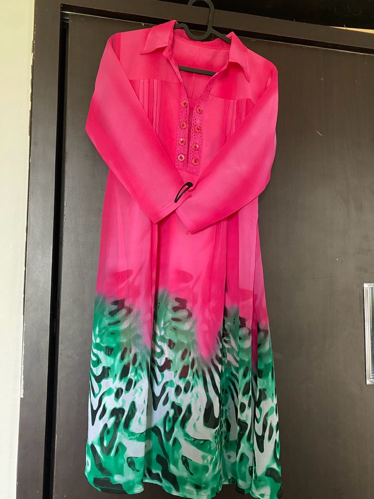 Kurta A-line type Rose Pink & green mixed Color