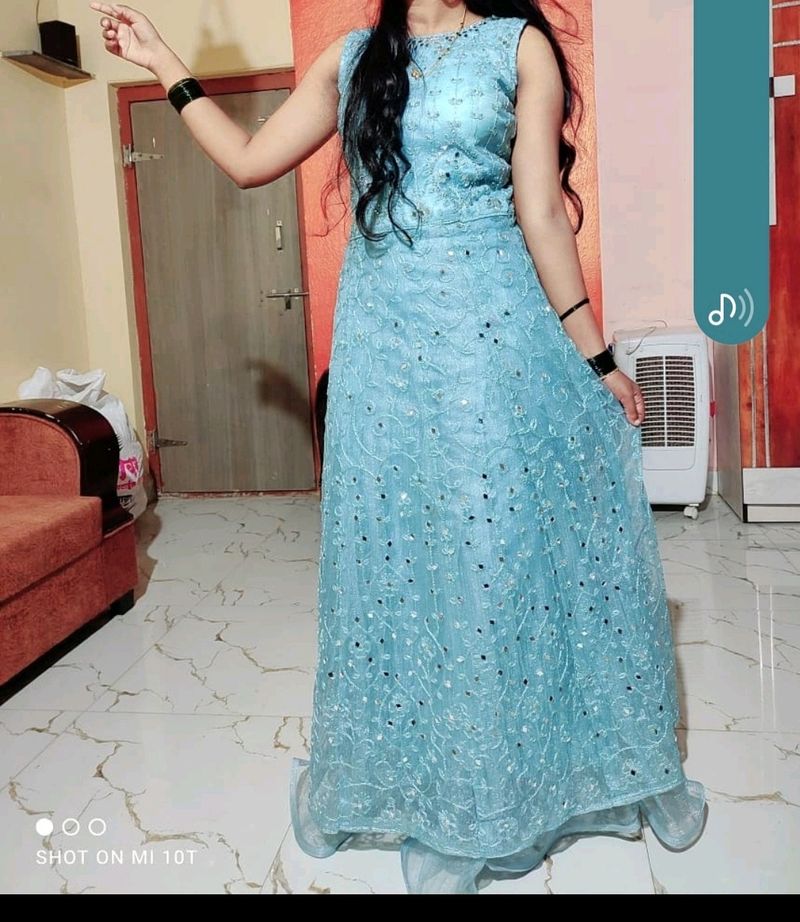 Party Wear Blue Gown With Shrug