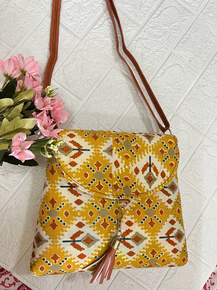 Ethnic print fabric bag- Yellow