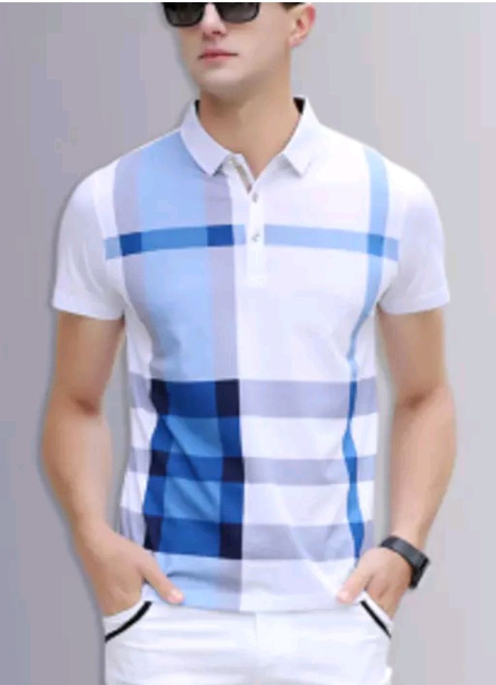 Men Checkered-Printed Polo Blue T-shirt