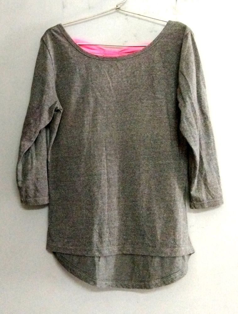 Half Sleeve Grey Up And Down T-shirt With Pink Back Flower Neck