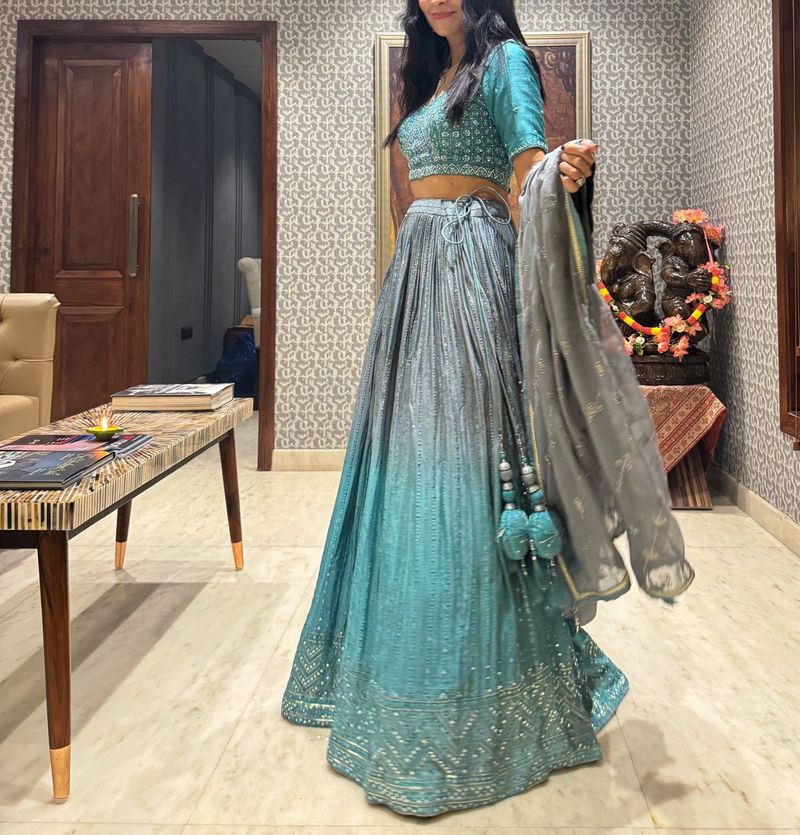 Teal, Grey and Silver Embellished Lehenga Set