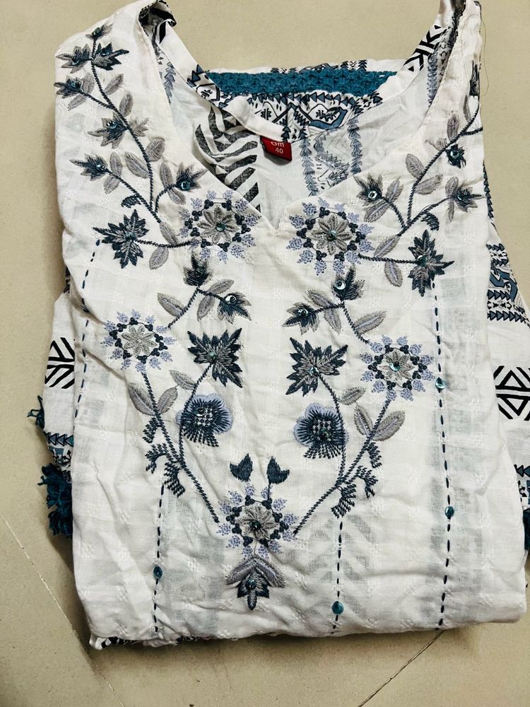 White Blue Printed Anarkali Short Kurti