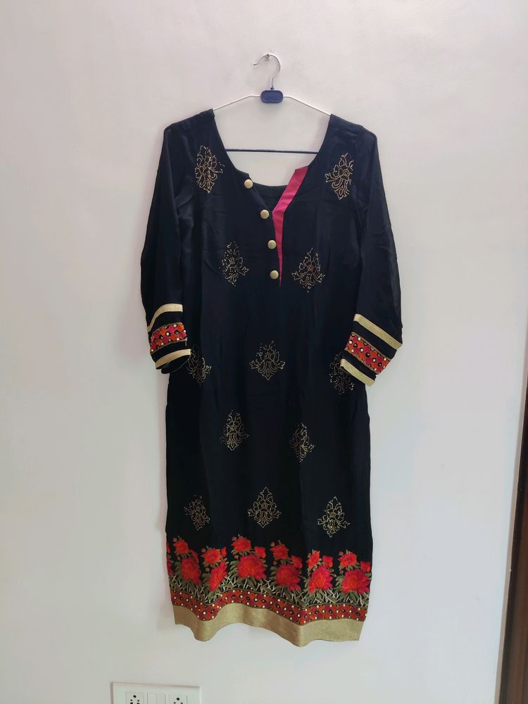 Black Embroidered Kurti with Floral Border