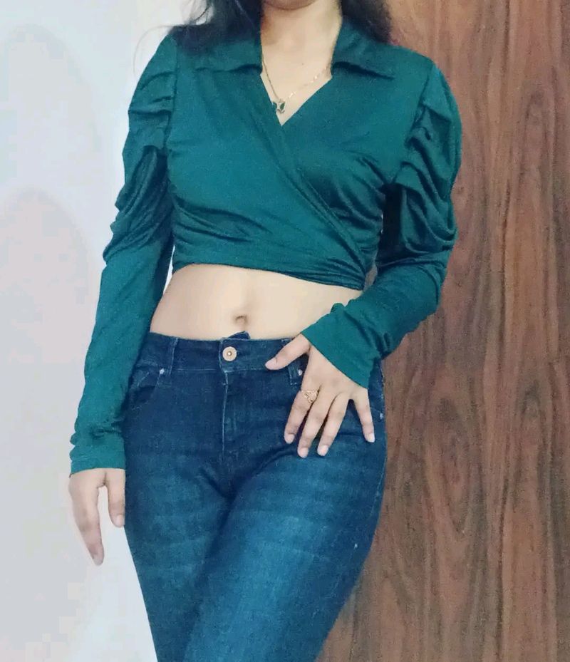 Bottle Green Wrap Up Puff Sleeve Crop Top