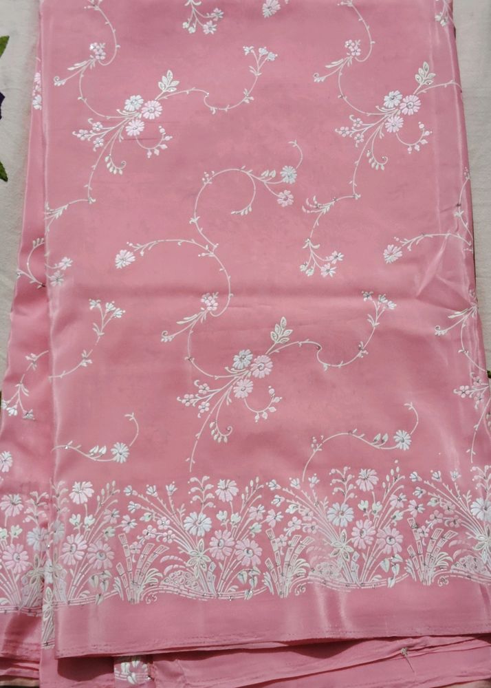 Peachy Pink Silk Blend Saree with Blouse.