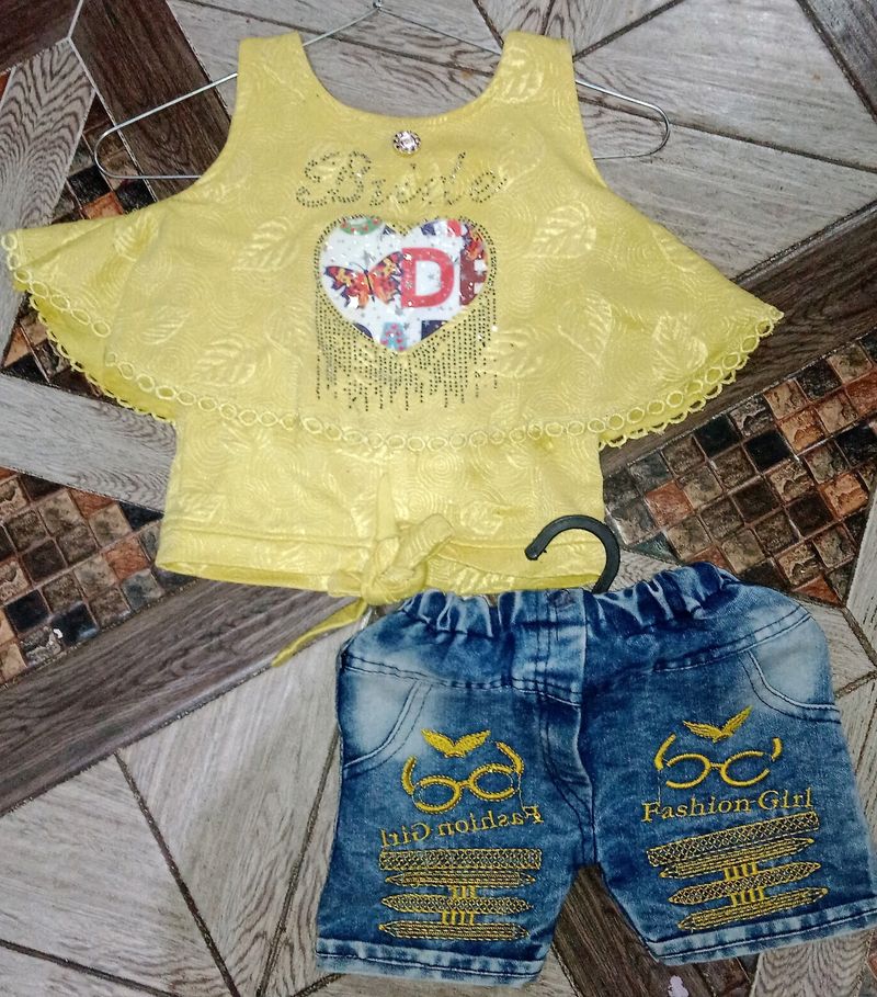 (1.5 Yr-2.5yr)Yellow Top With denim Shorts