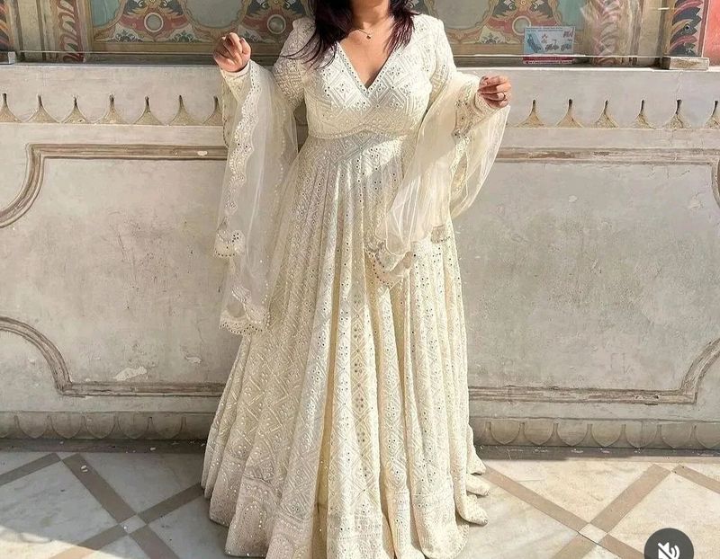 White Chickenkari Gown With Dupatta